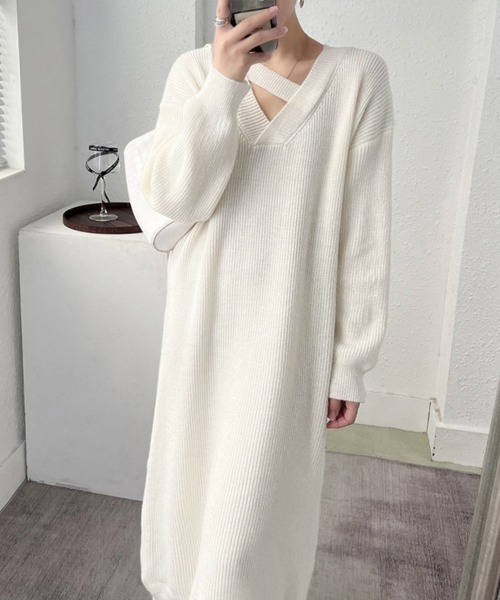 Miniministore（ミニミニストア）の「ニットワンピース レディース 韓国 秋冬（ワンピース・レディース・オフホワイト/ピンク/ブラック/ライトグリーン・フリー）」の9枚目の写真