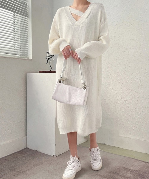 Miniministore（ミニミニストア）の「ニットワンピース レディース 韓国 秋冬（ワンピース・レディース・オフホワイト/ピンク/ブラック/ライトグリーン・フリー）」の12枚目の写真