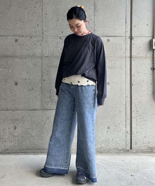 BIG FIELD（ビッグフィールド）の「ナガソデクロスロンT/おとな（Tシャツ/カットソー・レディース・パープル/オフホワイト/グレー/チャコール・160cm）」の6枚目の写真