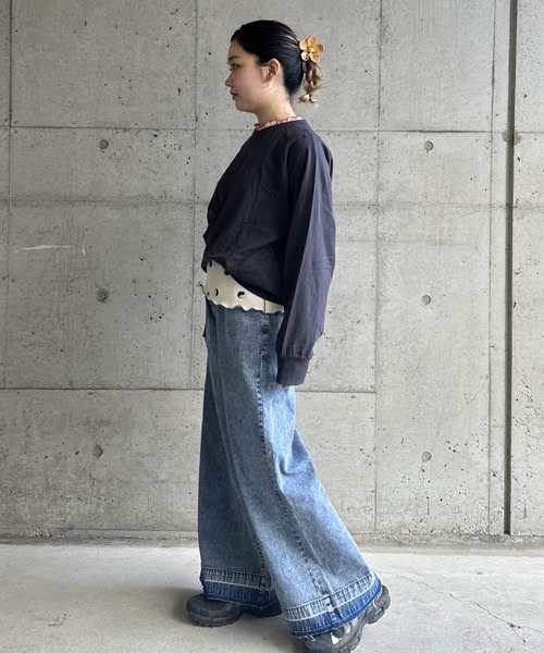 BIG FIELD（ビッグフィールド）の「ナガソデクロスロンT/おとな（Tシャツ/カットソー・レディース・パープル/オフホワイト/グレー/チャコール・160cm）」の7枚目の写真