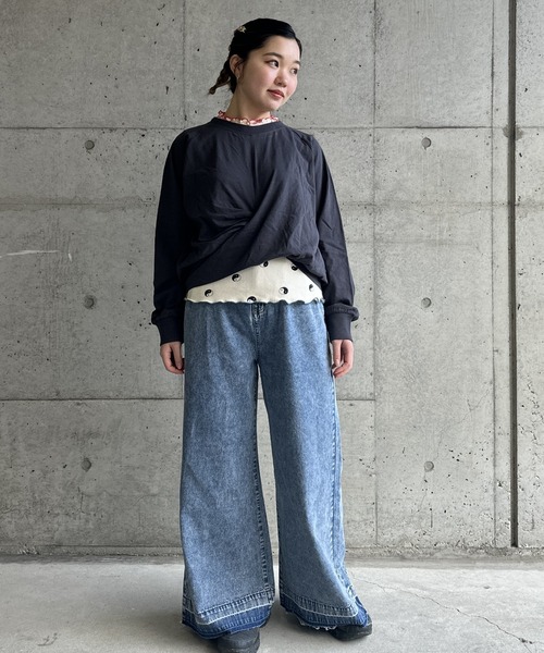 BIG FIELD（ビッグフィールド）の「ナガソデクロスロンT/おとな（Tシャツ/カットソー・レディース・パープル/オフホワイト/グレー/チャコール・160cm）」の9枚目の写真