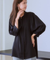タックボリューム8分袖プチハイネックブラウス(しわになりにくい・UVカット・タンブル乾燥OK)