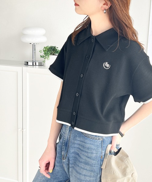 classicalelf（クラシカルエルフ）の「大人レディな正統派。胸刺繍ワッフル短丈ポロカーデ（ポロシャツ・レディース・ブラック/オレンジ/ホワイト/ベージュ・LARGE/MEDIUM/SMALL/X-LARGE）」の16枚目の写真