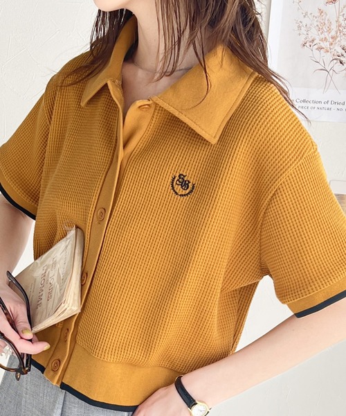セール】大人レディな正統派。胸刺繍ワッフル短丈ポロカーデ