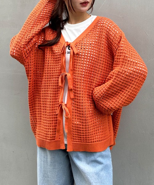 セール】ミドル丈メッシュリボンニットカーディガン（カーディガン