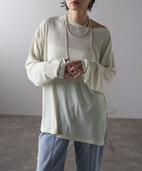 Bonjour Sagan(ボンジュールサガン)の「フライスシアーカットソー(Tシャツ/カットソー・レディース・ブラック/ライトグレー/ホワイト/ライトイエロー・FREE)」の1枚目の写真