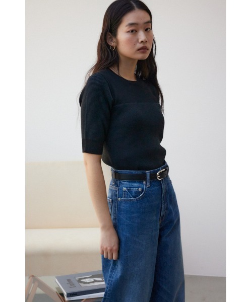 AZUL by moussy（アズールバイマウジー）の「シアー切替5分袖リブニットトップス（Tシャツ/カットソー・レディース・ブルー/ブラック/ライトグレー・FREE）」の5枚目の写真