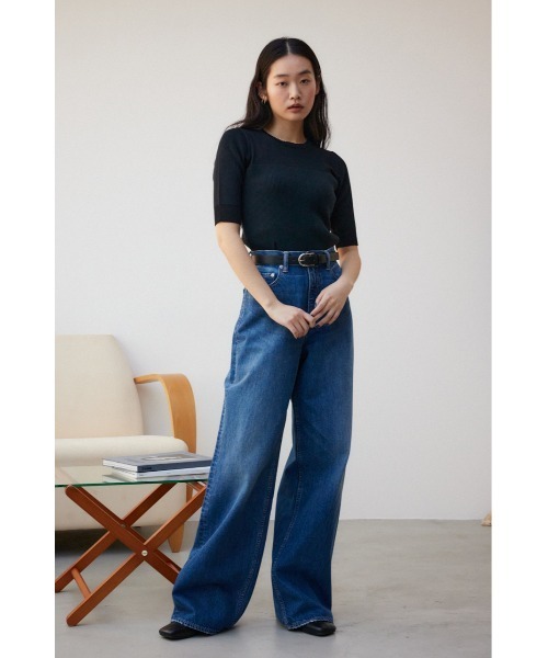 AZUL by moussy（アズールバイマウジー）の「シアー切替5分袖リブニットトップス（Tシャツ/カットソー・レディース・ブルー/ブラック/ライトグレー・FREE）」の6枚目の写真