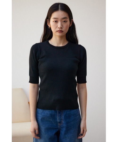 AZUL by moussy（アズールバイマウジー）の「シアー切替5分袖リブニットトップス（Tシャツ/カットソー・レディース・ブルー/ブラック/ライトグレー・FREE）」の7枚目の写真