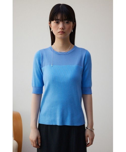 セール】シアー切替5分袖リブニットトップス（Tシャツ/カットソー