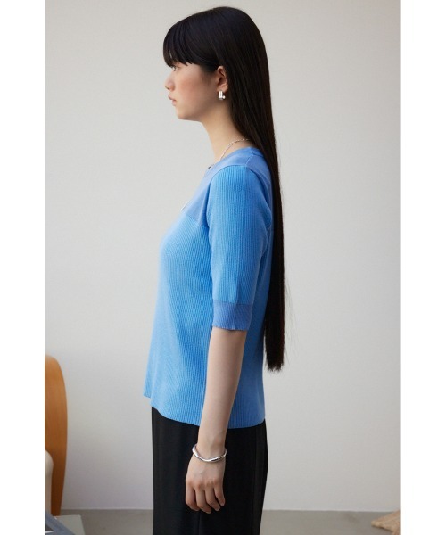 セール】シアー切替5分袖リブニットトップス（Tシャツ/カットソー