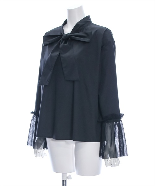 clear（クリア）の「≪再入荷≫袖口チュール切替リボンブラウス[着回し力抜群 ガーリー]（シャツ/ブラウス・レディース・ブラック/オフホワイト・F）」の3枚目の写真