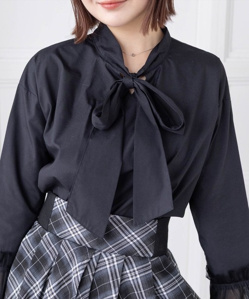 clear（クリア）の「≪再入荷≫袖口チュール切替リボンブラウス[着回し力抜群 ガーリー]（シャツ/ブラウス・レディース・ブラック/オフホワイト・F）」の18枚目の写真