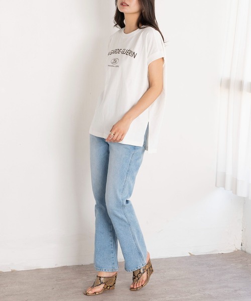 EUCLAID（エウクレイド）の「フレンチスリーブロゴＴシャツ（Tシャツ/カットソー・レディース・ライトグリーン/オフホワイト/チャコールグレー・38）」の5枚目の写真