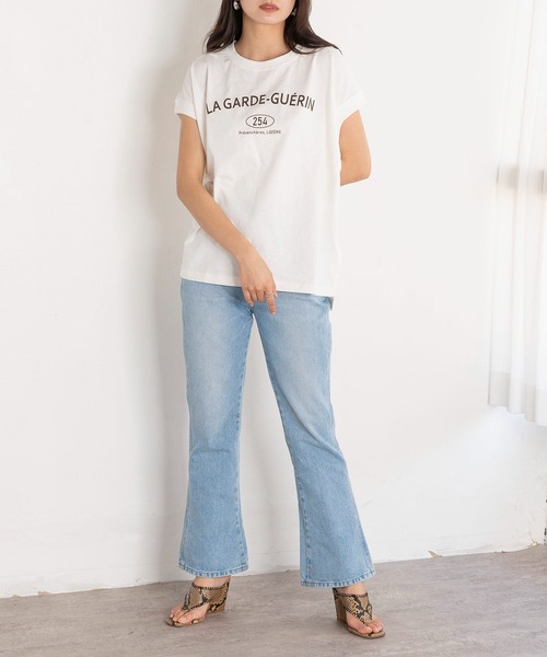 EUCLAID（エウクレイド）の「フレンチスリーブロゴＴシャツ（Tシャツ/カットソー・レディース・ライトグリーン/オフホワイト/チャコールグレー・38）」の7枚目の写真