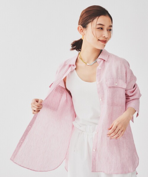 レディース untitled 48サイズ 5L リネンストライプ レギュラーシャツ 麻