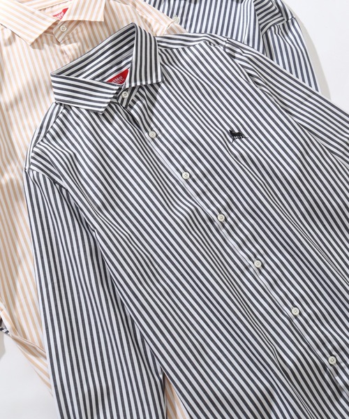 【セール】【Healthknit/ヘルスニット】T/Cブロード ロングスリーブ ホリゾンカラー ワンポイントシャツ(ストライプ/ギンガムチェック)（シャツ/ブラウス）｜Healthknit（ヘルスニット）