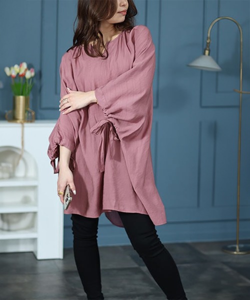 GOLDJAPAN(ゴールドジャパン)の「袖リボン七分袖ワイドチュニック【大きいサイズ対応】(チュニック・レディース・ピンク/ネイビー/ブラック・4L~5L/LL~3L)」の3枚目の写真