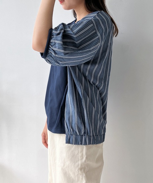 AS KNOW AS plus(アズノゥアズプラス)の「◎カットソーと布帛切り替え パフスリーブプルオーバー(Tシャツ/カットソー・レディース・ブラック系/ホワイト系/ブルー系/ブルー系1/ホワイト系1/ネイビー系/グリーン系/ブルー系2・FREE)」の6枚目の写真
