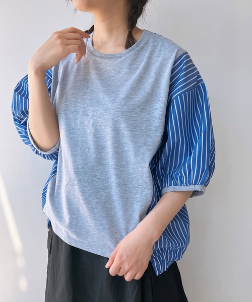 AS KNOW AS plus(アズノゥアズプラス)の「◎カットソーと布帛切り替え パフスリーブプルオーバー(Tシャツ/カットソー・レディース・ブラック系/ホワイト系/ブルー系/ブルー系1/ホワイト系1/ネイビー系/グリーン系/ブルー系2・FREE)」の7枚目の写真