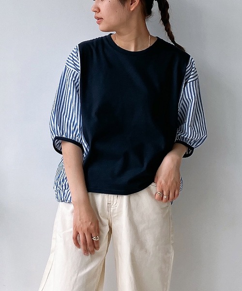 AS KNOW AS plus(アズノゥアズプラス)の「◎カットソーと布帛切り替え パフスリーブプルオーバー(Tシャツ/カットソー・レディース・ブラック系/ホワイト系/ブルー系/ブルー系1/ホワイト系1/ネイビー系/グリーン系/ブルー系2・FREE)」の8枚目の写真