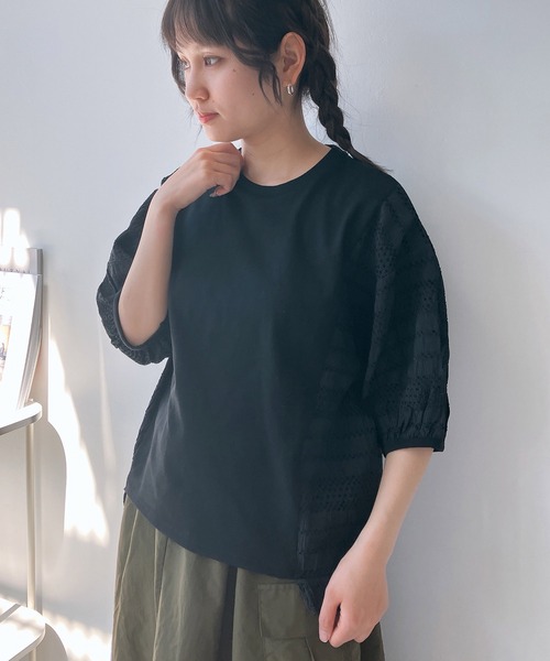 AS KNOW AS plus(アズノゥアズプラス)の「◎カットソーと布帛切り替え パフスリーブプルオーバー(Tシャツ/カットソー・レディース・ブラック系/ホワイト系/ブルー系/ブルー系1/ホワイト系1/ネイビー系/グリーン系/ブルー系2・FREE)」の14枚目の写真