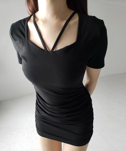 me+em select(ミームセレクト)の「※※【 2color 】クロスストラップシャーリングミニワンピース / cross strap shirring mini onepiece(ワンピース・レディース・ブラック/グレー・MEDIUM/SMALL)」の12枚目の写真