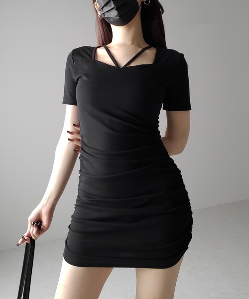 me+em select(ミームセレクト)の「※※【 2color 】クロスストラップシャーリングミニワンピース / cross strap shirring mini onepiece(ワンピース・レディース・ブラック/グレー・MEDIUM/SMALL)」の20枚目の写真
