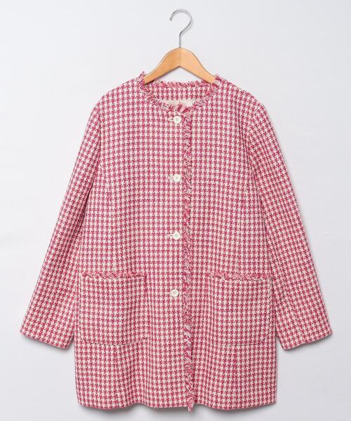 Leilian(レリアン)の「ツイードロングジャケット(ノーカラージャケット・レディース・PINK・17)」の1枚目の写真