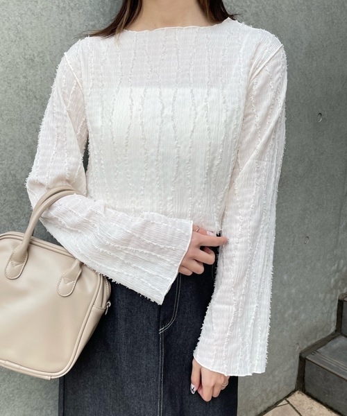 PURE BRIGHT（ピュアブライト）の「シャギージャガードフレアスリーブトップス（その他トップス・レディース・アイボリー/ライトグリーン・FREE）」の2枚目の写真