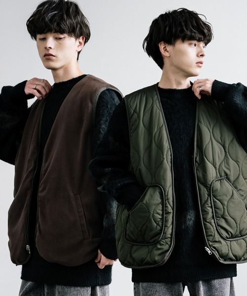 Rocky Monroe(ロッキーモンロー)の「ひょうたんキルト×フリース 2WAYリバーシブル中綿入り前開きベスト(ダウンベスト・メンズ・チャコール/グレー/ブラック/カーキ・M/L/XL)」の4枚目の写真
