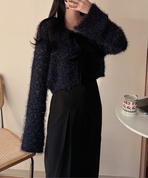 nemne store（ネンネストア）の「《Delfy》前後2wayラメシャギーリボンニット（カーディガン/ボレロ・レディース・ピンク系/ブラック系/ネイビー・フリー）」の8枚目の写真