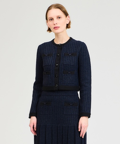 ESTNATION（エストネーション）の「ESTNATION / ツィード ニット タイニー ジャケット（ノーカラージャケット・レディース・ピンク/ネイビー・FREE）」の2枚目の写真