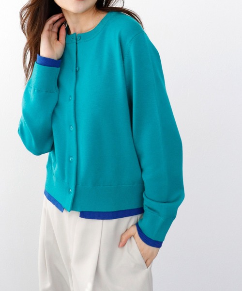 Jines（ジネス）の「ヘム配色クルーネックカーディガン（カーディガン/ボレロ・レディース・ホワイト/ネイビー/グリーン/レンガ・38）」の3枚目の写真