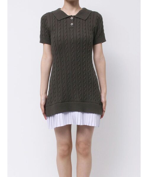 セール】異素材プリーツドッキングポロ襟ニットミニワンピ（ワンピース