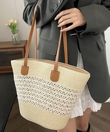 【ファスナー開閉♪】ストロー編みカゴトートバッグ