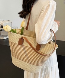 【未使用扱】WOVEN ストライプ かごバッグ セール】ストライプショルダーくったり編みカゴトートバッグ