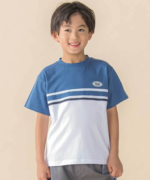 BeBe Petits Pois Vert（ベベプチポワヴェール）の「天竺バイカラーステッチテープポイント半袖Tシャツ(95~160cm)（Tシャツ/カットソー・キッズ・ブラック/ブルー・120cm/150cm/160cm/140cm/130cm/100cm/110cm/95cm）」の2枚目の写真