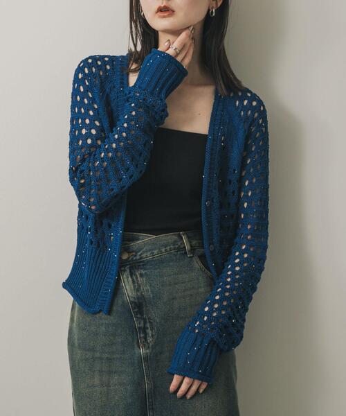 SENSE OF PLACE by URBAN RESEARCH（センスオブプレイスバイアーバンリサーチ）の「スパンコールメッシュカーディガン（カーディガン/ボレロ・レディース・ブラック/アイボリー/ブルー・ONE）」の3枚目の写真