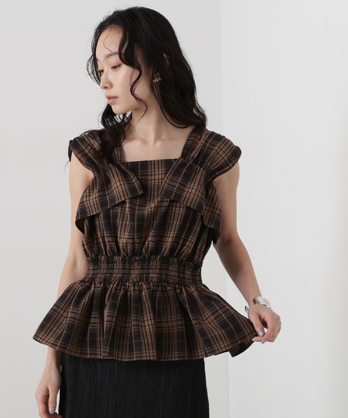 N.(N. Natural Beauty Basic)(エヌエヌナチュラルビューティーベーシック)の「チェックペプラムブラウス(シャツ/ブラウス・レディース・ブラウン/ブラック/オレンジ・MEDIUM)」の2枚目の写真