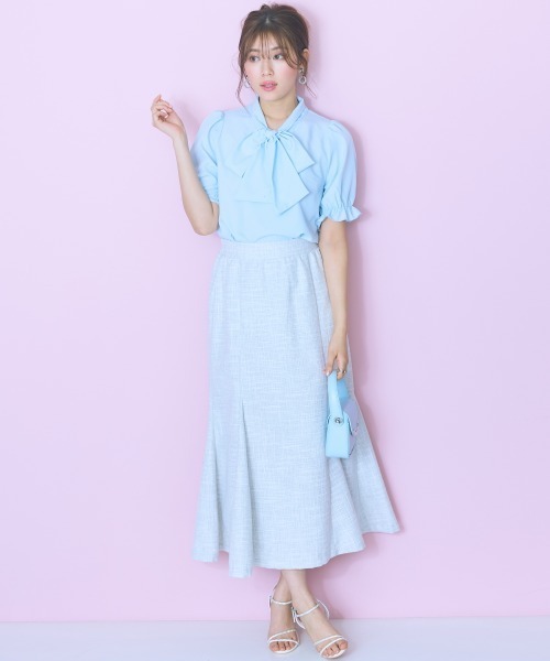 marun(マルン)の「<大きいサイズ>ビジュー付リボンタイブラウス marun(シャツ/ブラウス・レディース・サックスブルー/ピンク/ホワイト・LL/3L/4L/5L/L)」の8枚目の写真