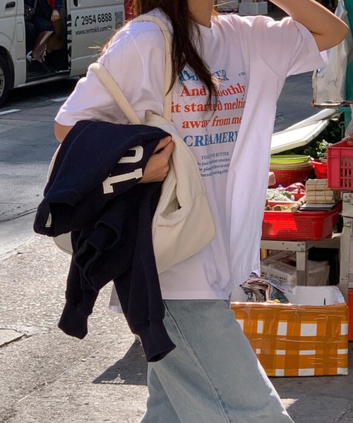 HEILIS(ヘイリス)の「ロゴプリントオーバーサイズTシャツ/ホワイト ネイビー オフ グラフィック 韓国 半袖 ビッグサイズ ユニセックス ノームコア シティガール シンプル カットソー(Tシャツ/カットソー・レディース・オフホワイト/ネイビー・FREE)」の3枚目の写真