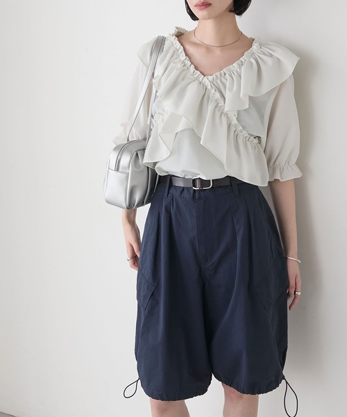 forksy.】ボリュームクロスフリル ニュアンス柄 ブラウス forksy