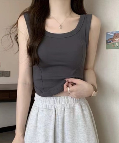 Lace Ladies(レースレディース)の「Uネック ラウンドカット コンパクト カップ付き タンクトップ(タンクトップ・レディース・グリーン/ホワイト/グレイッシュベージュ/ブラック/グレー・FREE)」の3枚目の写真