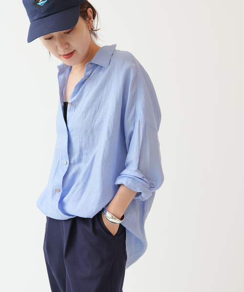 Spick and Span 80リネンカシュクールビッグシャツ　サックスブルー 追加2》80リネンカシュクールビッグシャツ（シャツ/ブラウス
