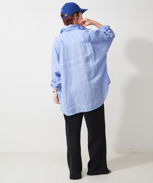 スピックアンドスパンリネンカシュクールビッグシャツ・サックスブルー 追加3》80リネンカシュクールビッグシャツ（シャツ/ブラウス