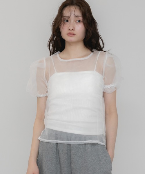 セール】パワショルシアーブラウス / シアー パフスリーブ 半袖 無地