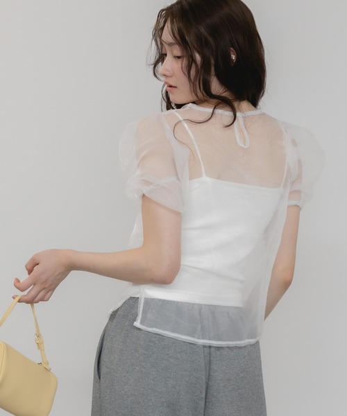 HEILIS(ヘイリス)の「パワショルシアーブラウス / シアー パフスリーブ 半袖 無地 花柄 ブラック ホワイト パープル 韓国 ガーリー オケージョン 結婚式 二次会 パーティー レイヤード パワショル パワーショルダー トレンド カジュアル(シャツ/ブラウス・レディース・ブラック系その他/ブラック/パープル系その他/ホワイト・FREE)」の14枚目の写真