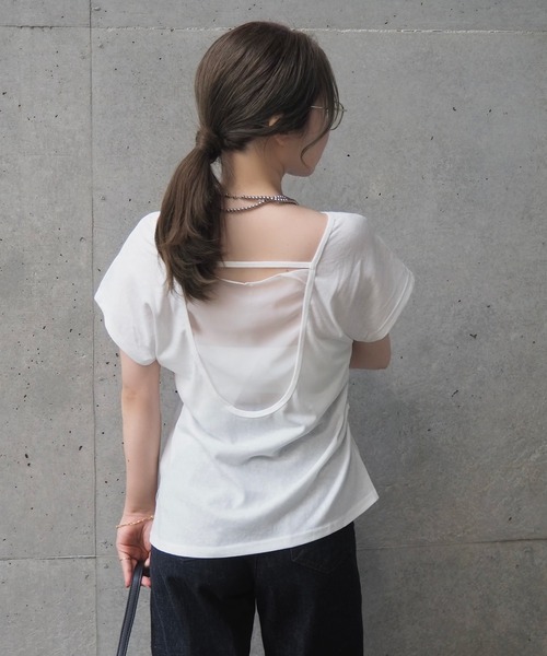 LAULEN(ローレン)の「back open nuance tee /バックオープンニュアンスフレンチスリーブTシャツ(Tシャツ/カットソー・レディース・ブラック/ホワイト・FREE)」の2枚目の写真
