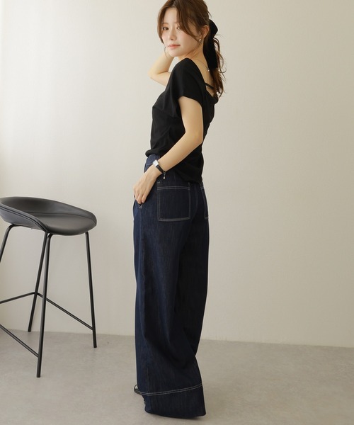 LAULEN(ローレン)の「back open nuance tee /バックオープンニュアンスフレンチスリーブTシャツ(Tシャツ/カットソー・レディース・ブラック/ホワイト・FREE)」の4枚目の写真